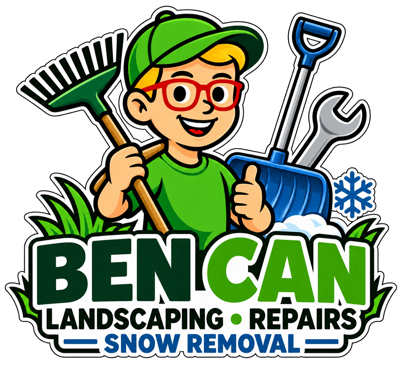 Ben Can Landscaping, Repairs and Snow Removal mascot with red glasses, green cap, rake, wrench and snow shovel