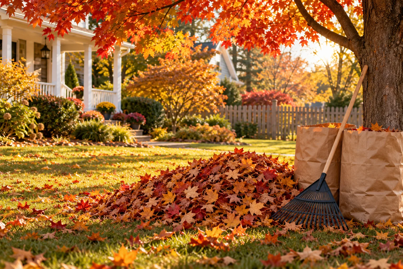 Autumn yard with golden leaves, a rake, and yard waste bags