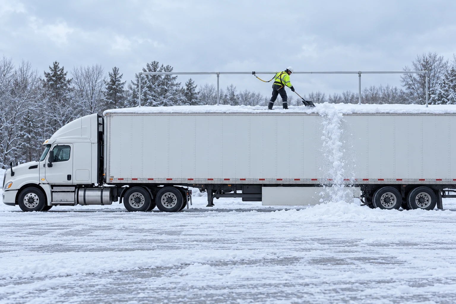Illustration of an adult in a high-visibility coat and harness shoveling snow from a parked tractor-trailer, seen from the side